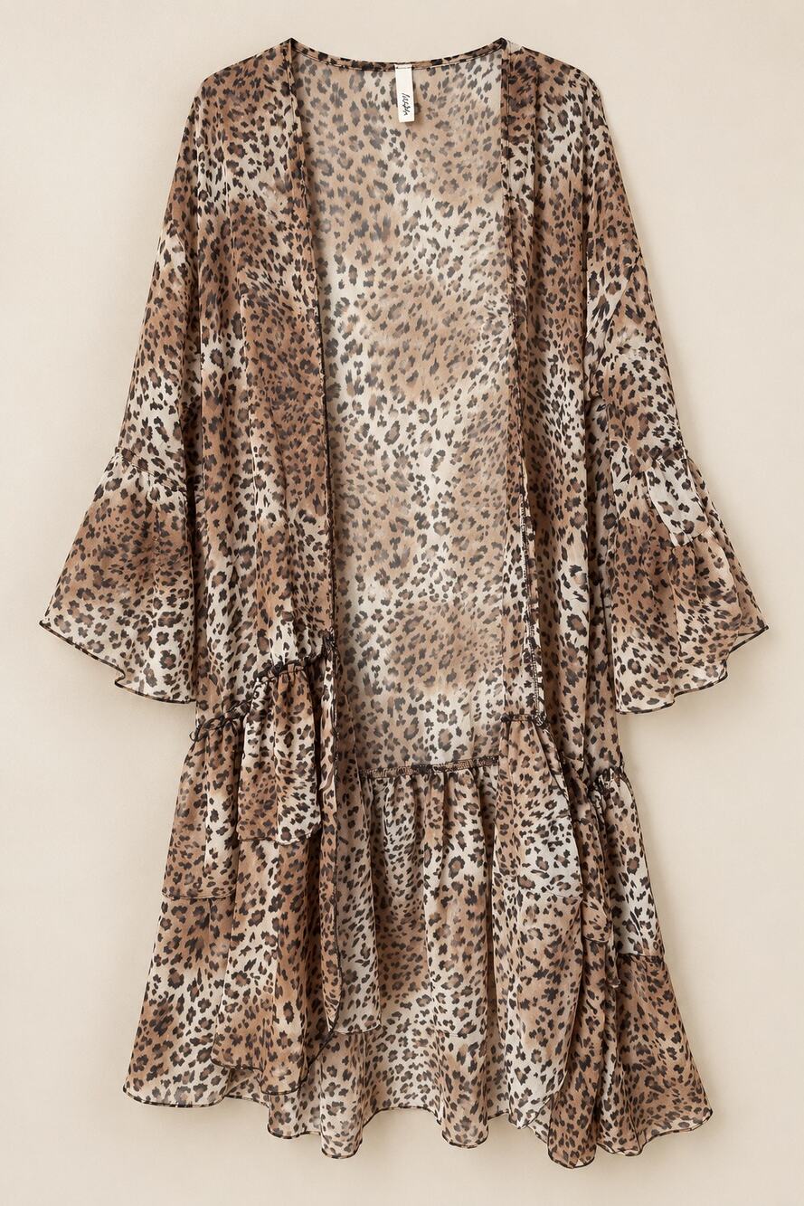 Celeste Leopard Print Tiered Midi Dress Large Bell Sleeve Ruffle Boho NWOT